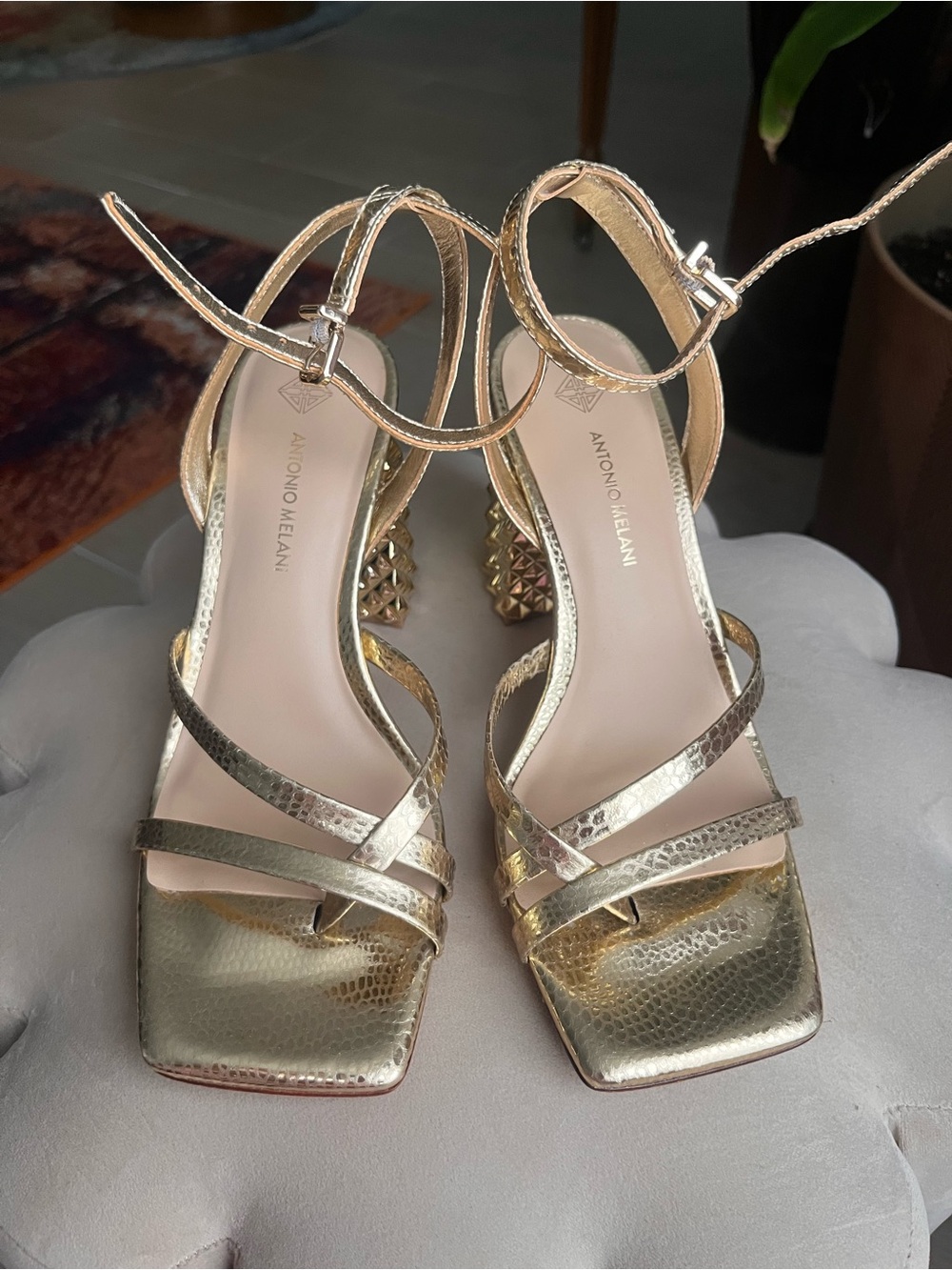 ANTONIO MELANI Metallic Gold Strappy Square-Toe Block Heels